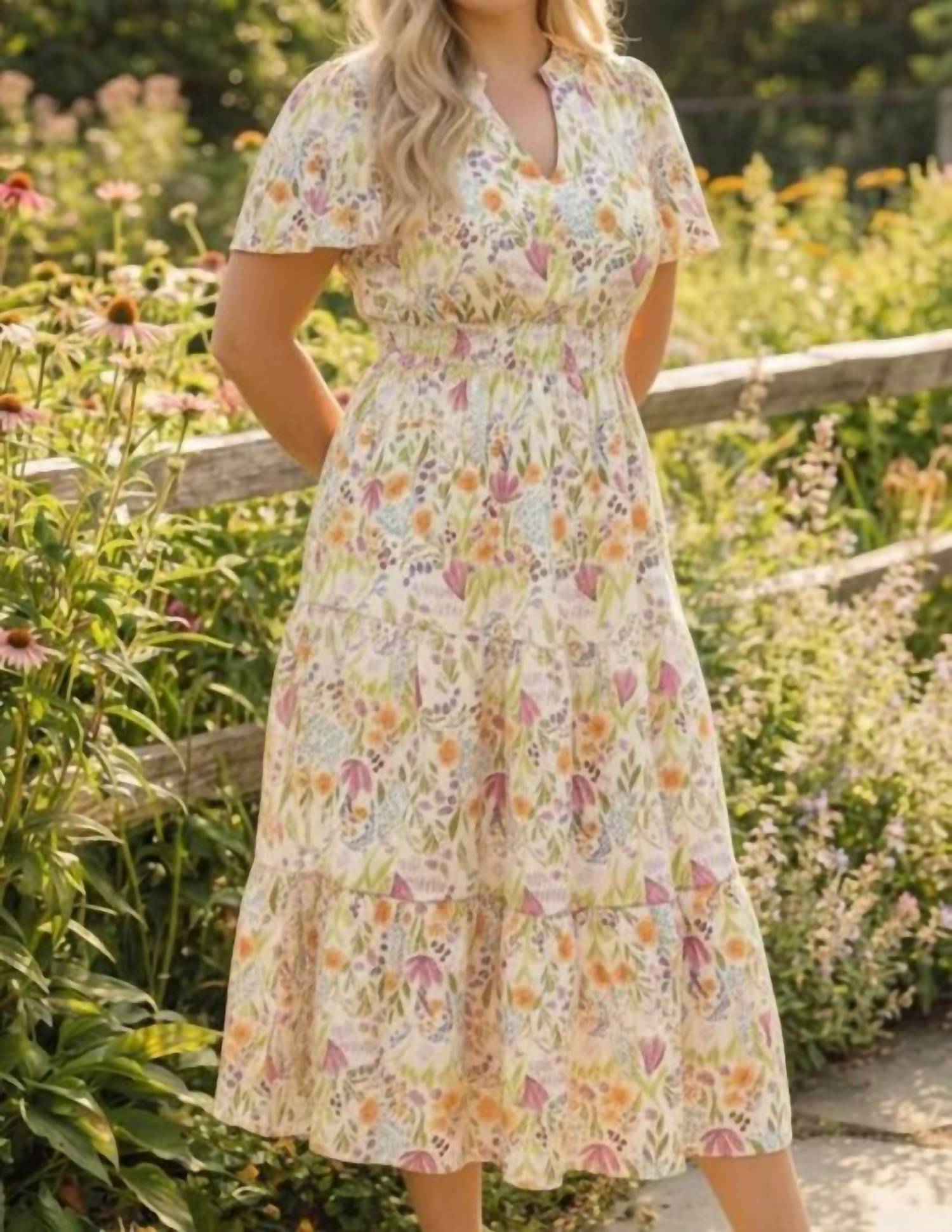 Haptics - Smocked Waist Tiered Floral Dress - Plus