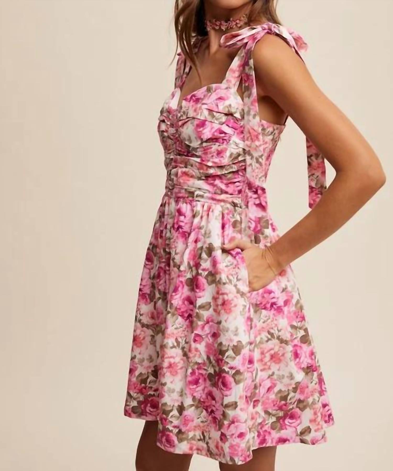 Listicle - Flower Print Bustier Tie Shoulder Dress