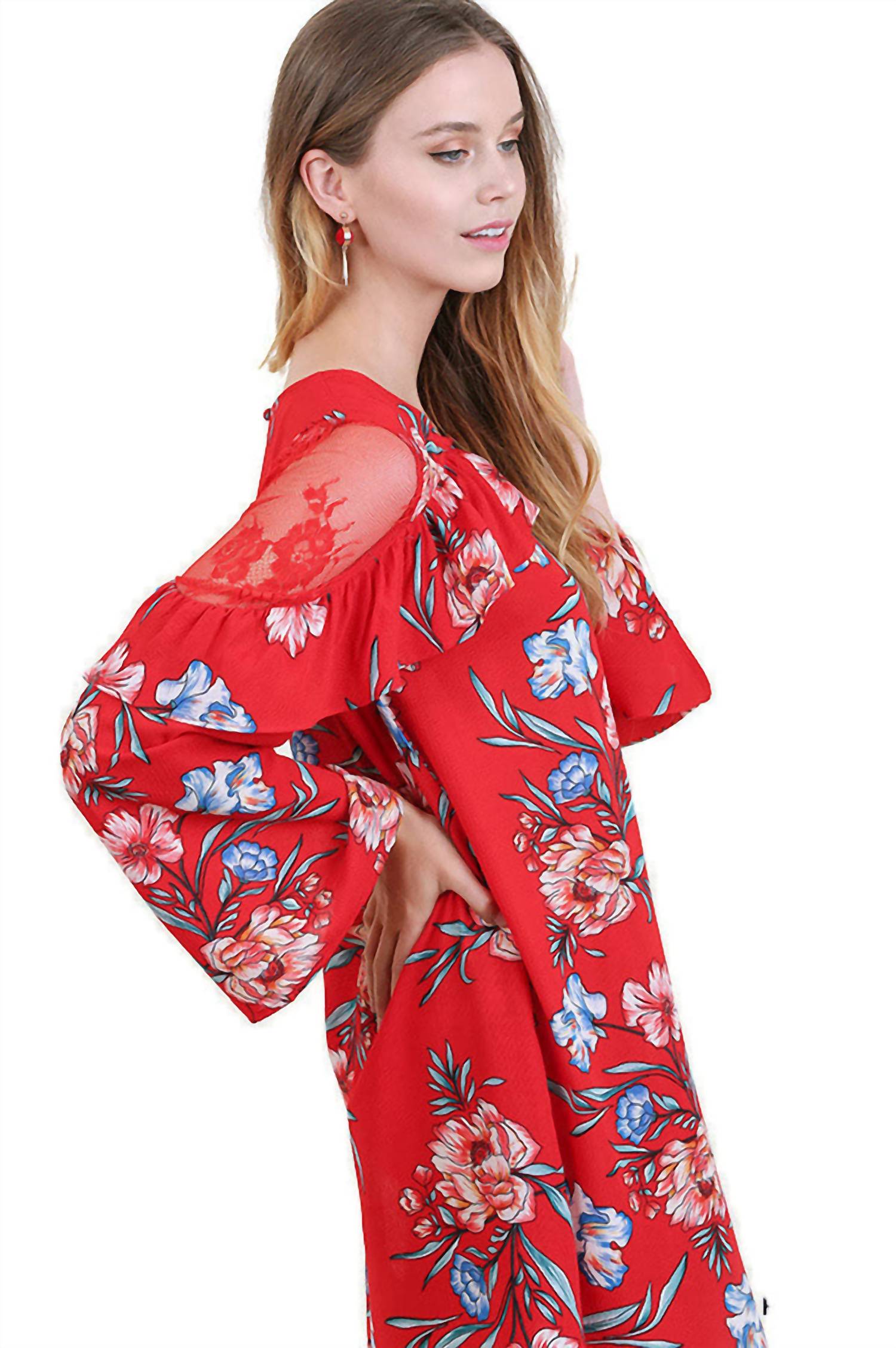 Umgee - Ruffled Lace Floral Bell Sleeve Dress