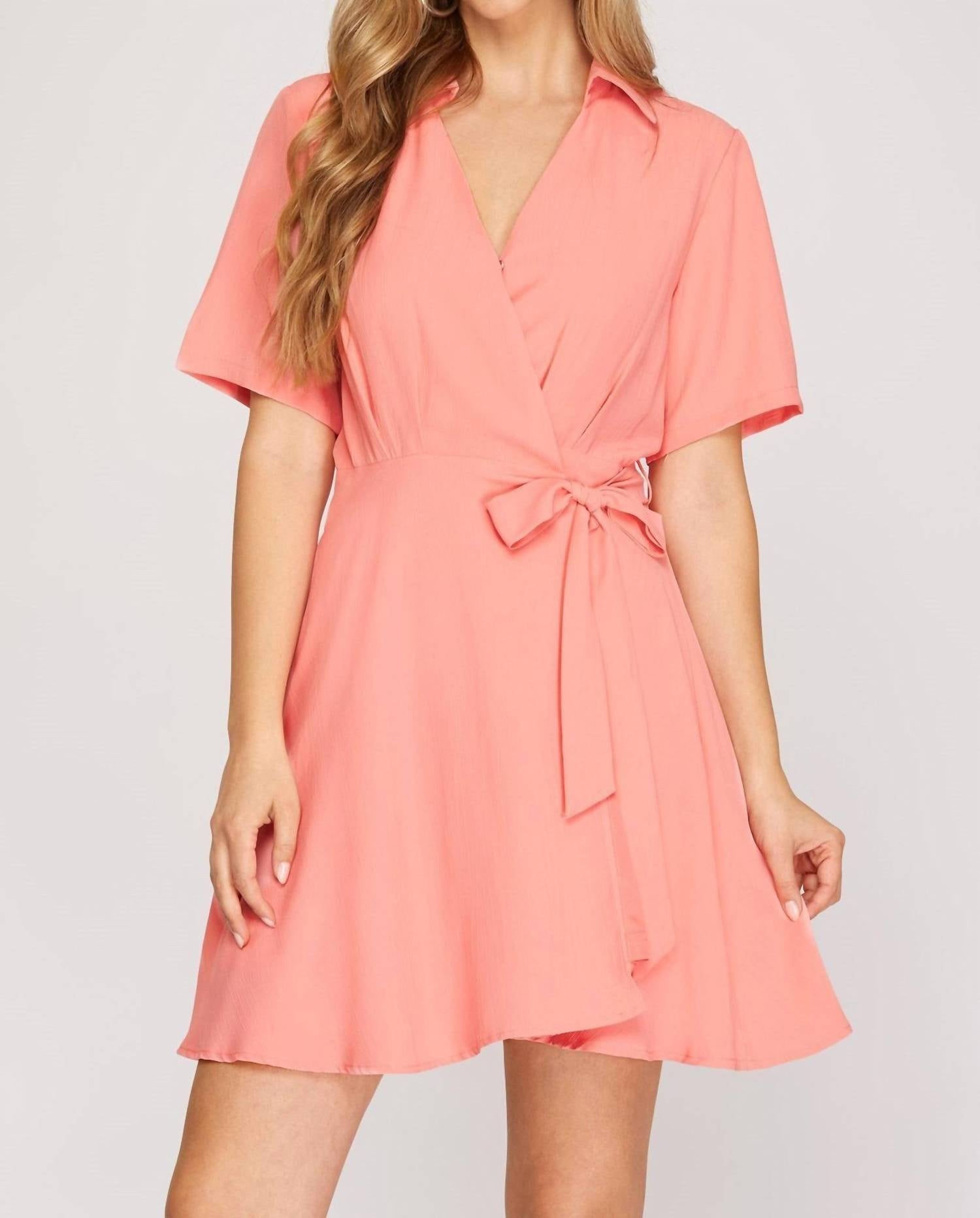 She + Sky - Short Sleeve Wrap Dress With Front Side Tie