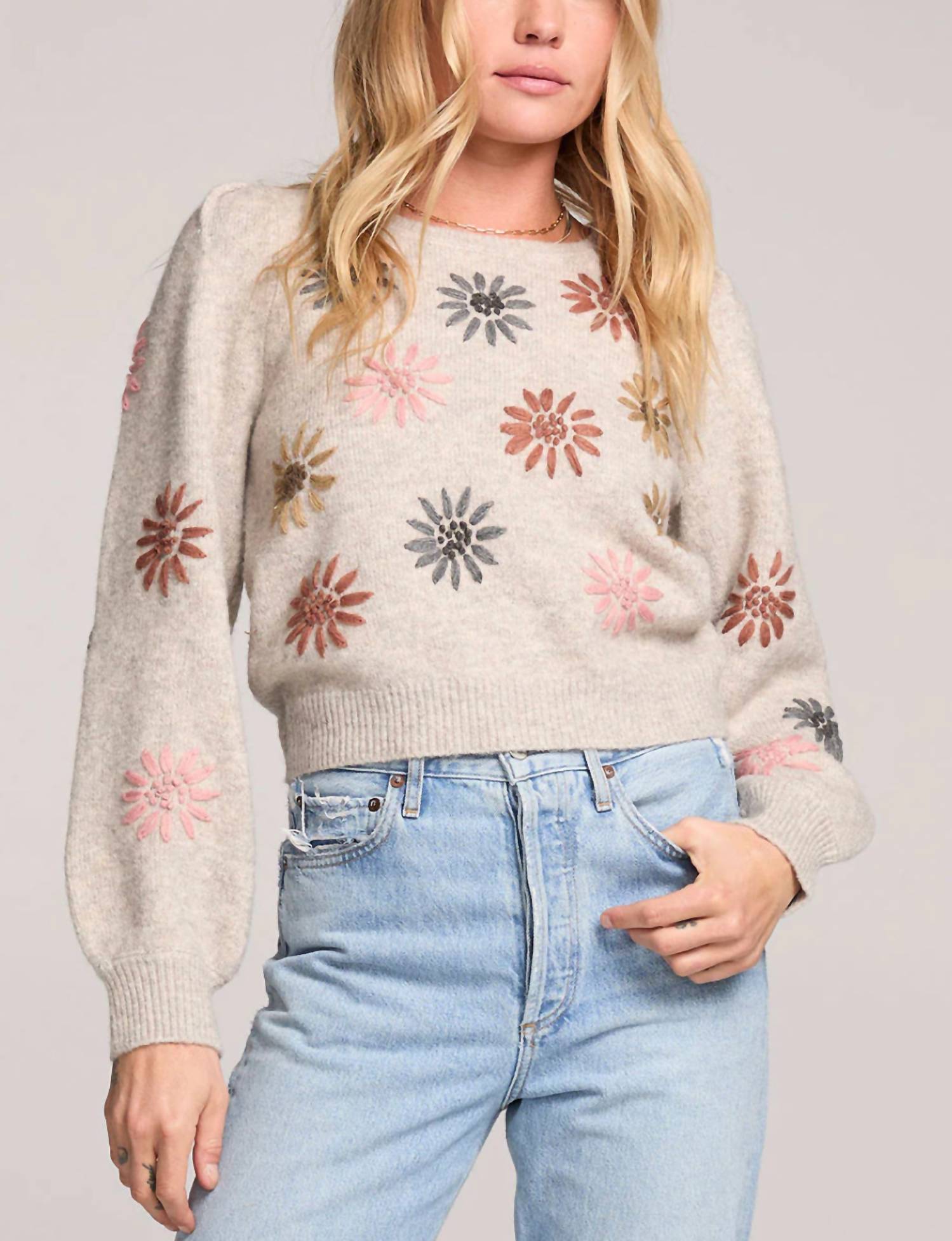 saltwater LUXE Valerie Floral Long Sleeve Sweater in beige - women's sweater