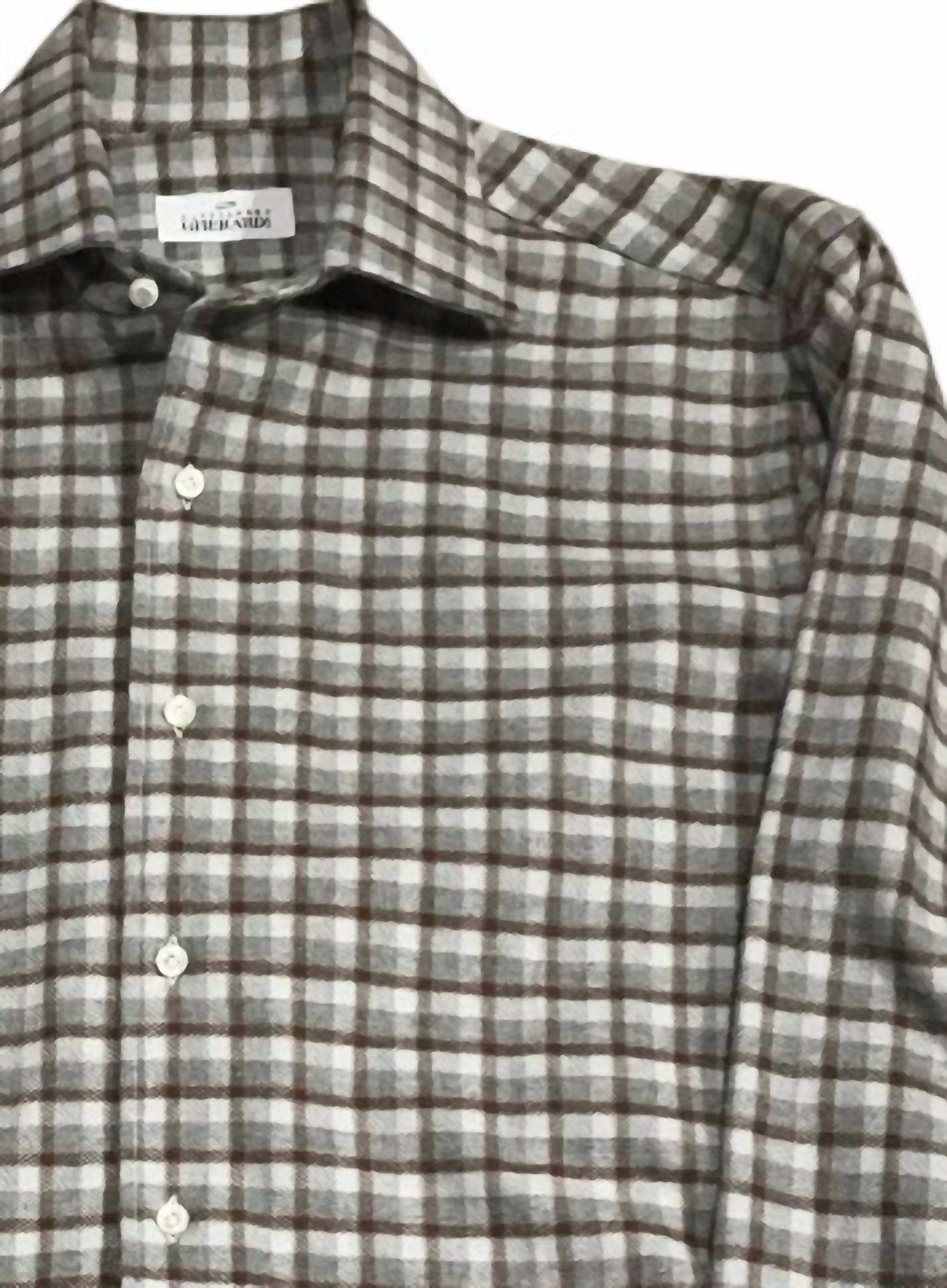 Gherardi Men's Double Plaid Button Up Shirt in beige - men's shirt - detail view
