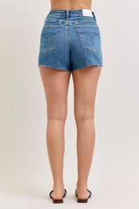 Judy Blue High Waist Rigid Magic Button Fly Cut Off Denim Short in blue - women's shorts - detail view