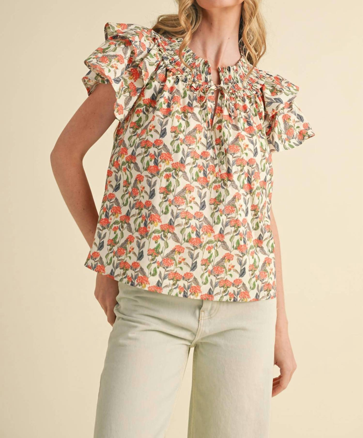 &merci Floral Flutter Sleeve Blouse in ivory - women's blouse - view 4