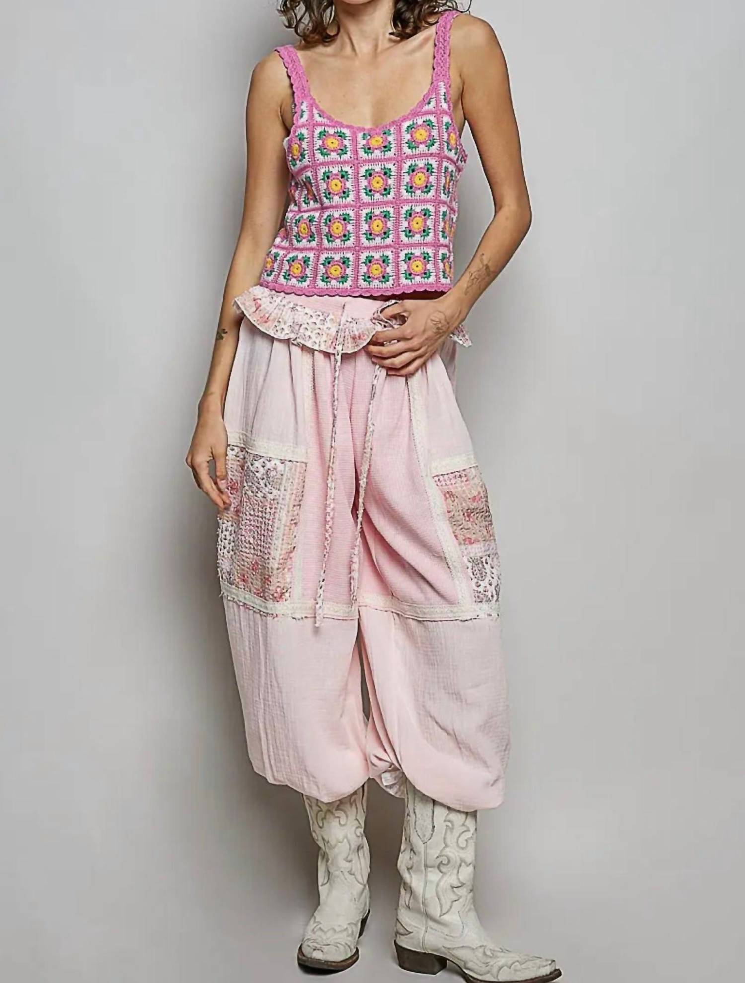 Pol - Crochet Floral Block Knit Top