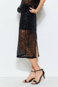 INA Fashion Annette Sheer Lace Sequin Midi Skirt in black - women's skirt - detail view