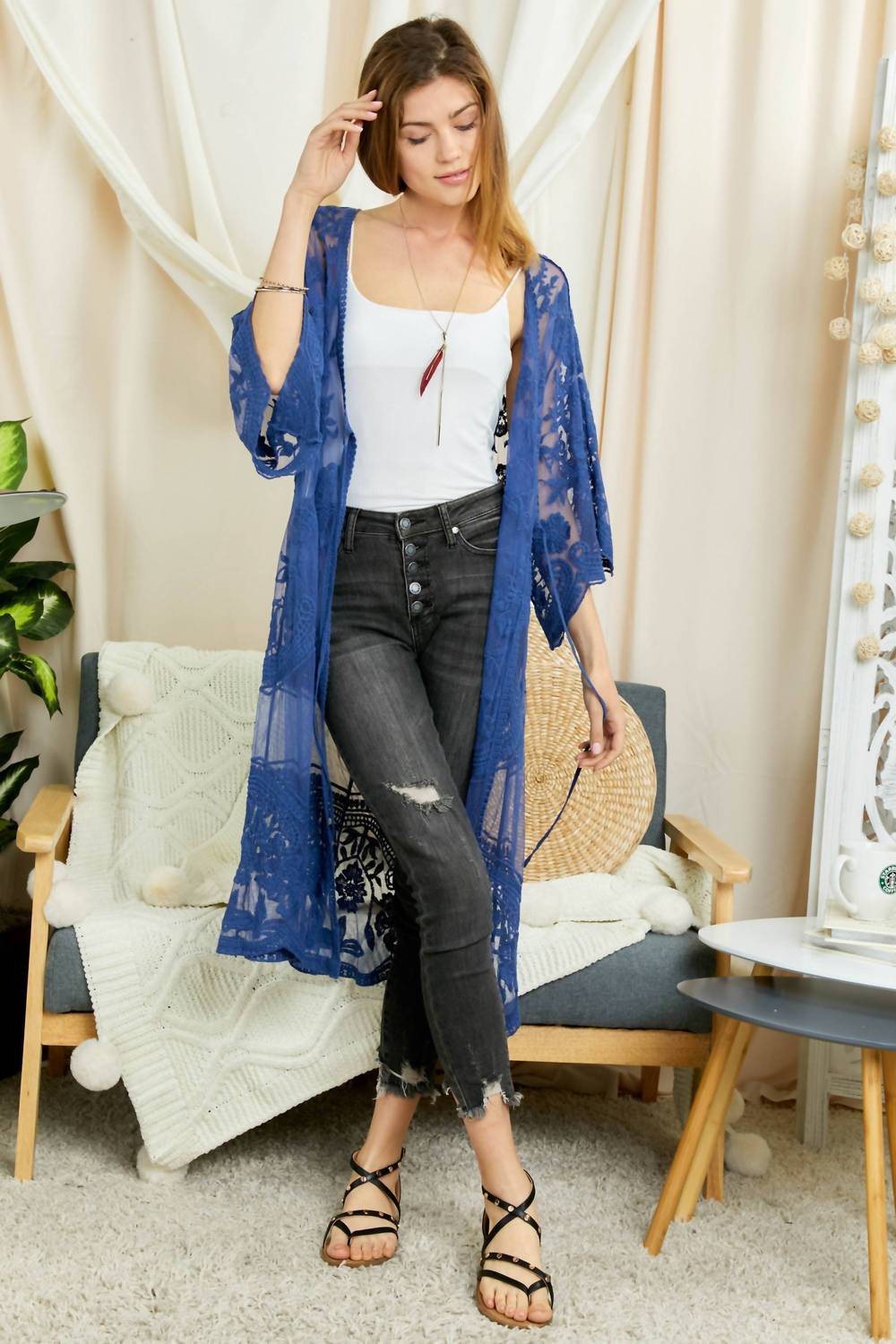 DAVI & DANI Boho Sheer Lace Duster Cardigan in denim blue - women's cardigan