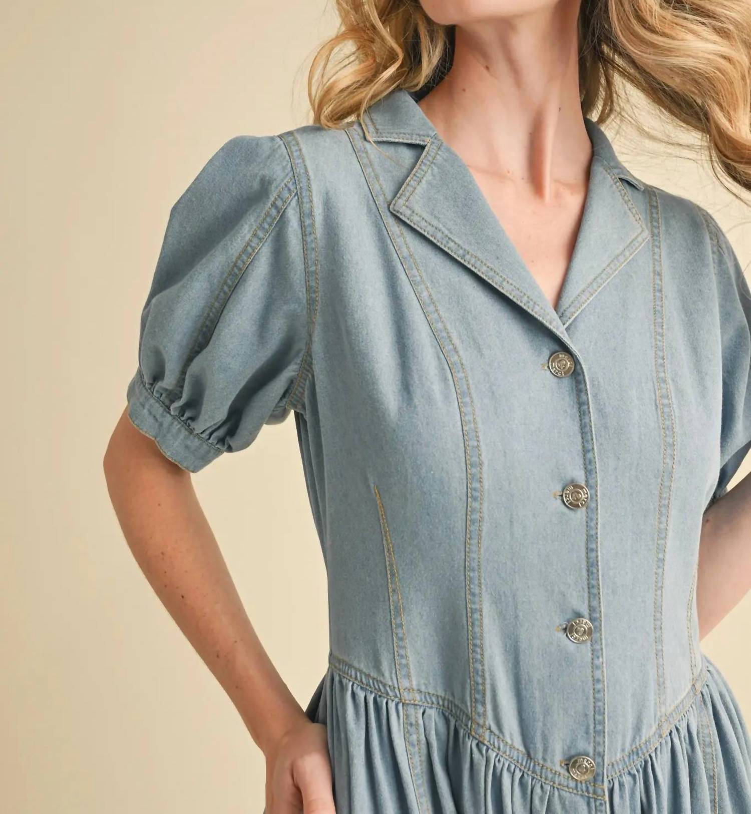 En Merci - Denim Puff Sleeve Button Down Mini Dress