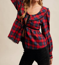 Listicle - Plaid Velvet Trim Holiday Blouse