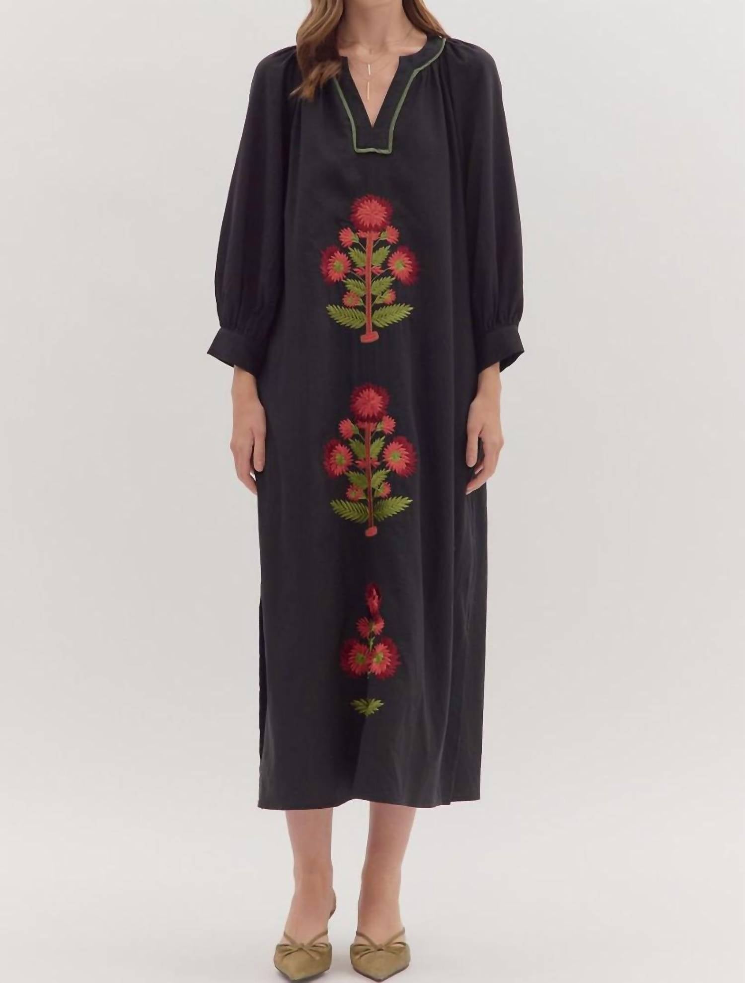 Entro - Midnight Blossom Embroidered Floral Maxi Dress