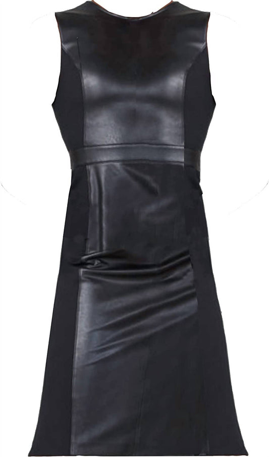 Womens Leather Like Sleeveless Mixed Media Sheath Dress