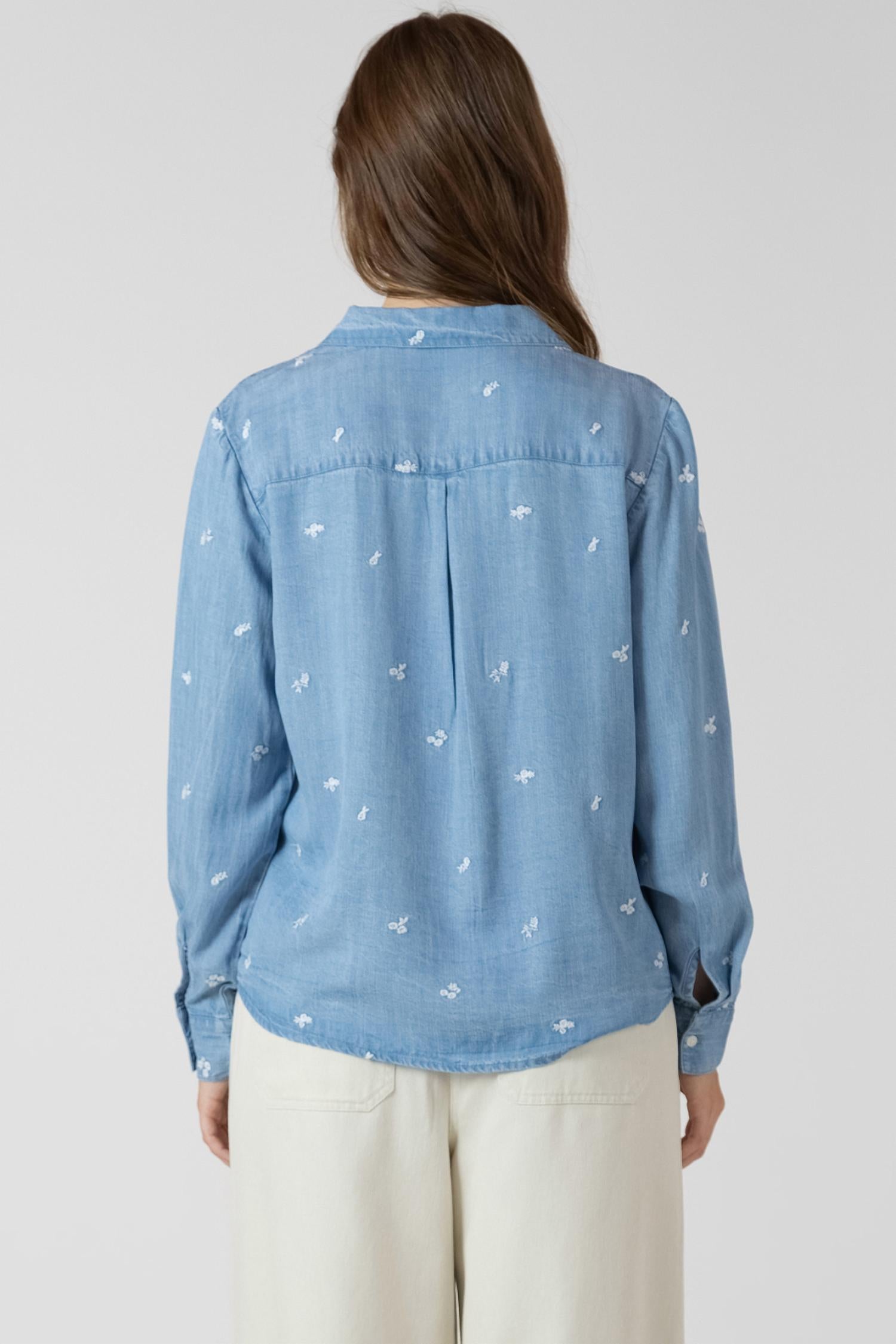 Dex Clothing Long Sleeve Collared Embroidered Shirt in chambray - women's shirt - detail view