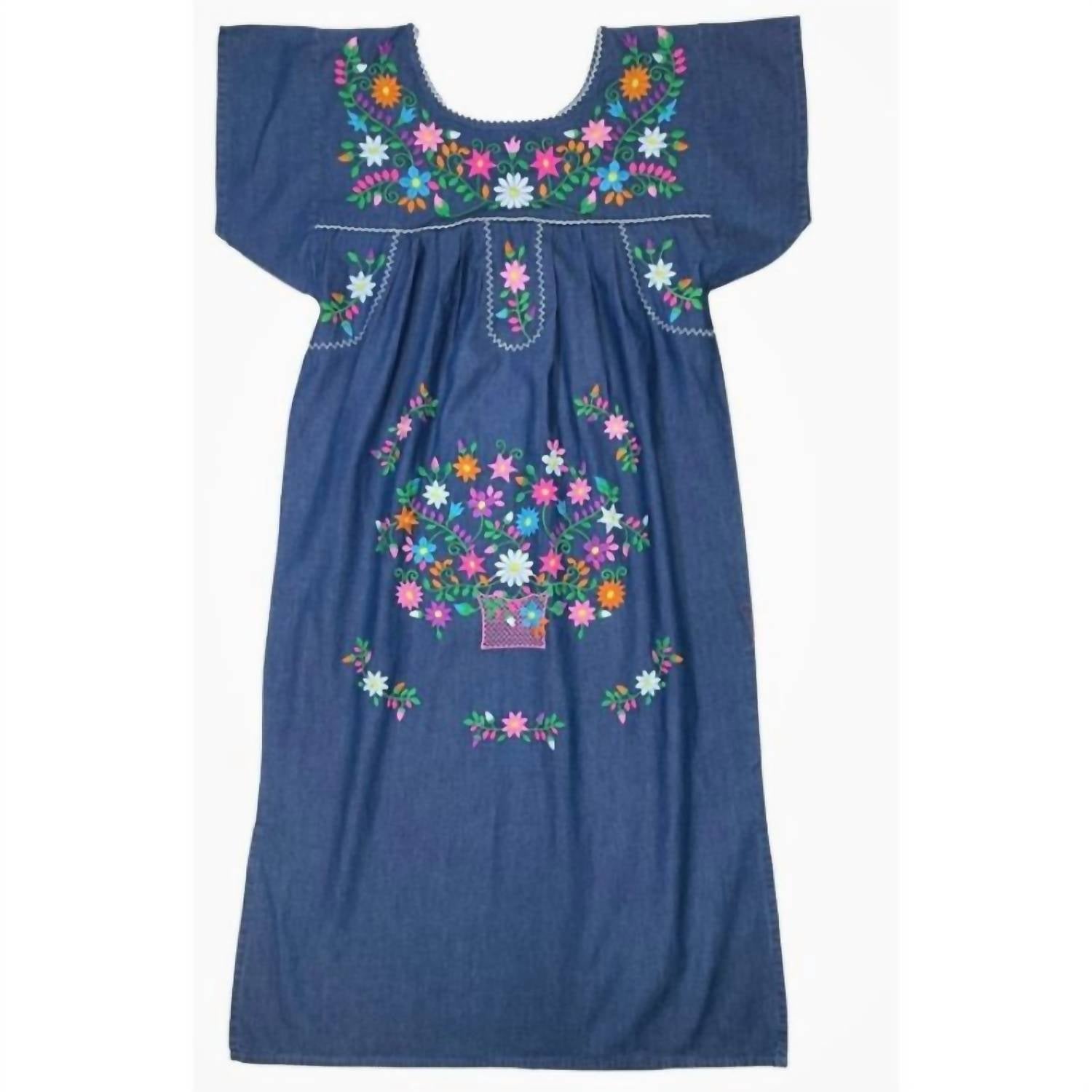 Unik - Colorful Floral Embroidered Chambray Midi Dress