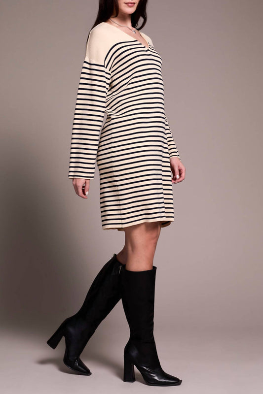 Tribal - Stripe V Neck Long Sleeve Dress