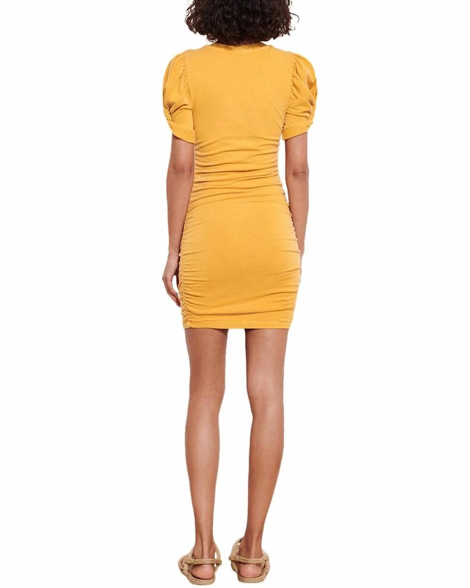 Sundry Short Puff Sleeve Mini Dress in buttercup - women's dress - detail view