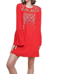 umgee Floral Embroidered Bell Sleeve Mini Dress in chili - women's dress