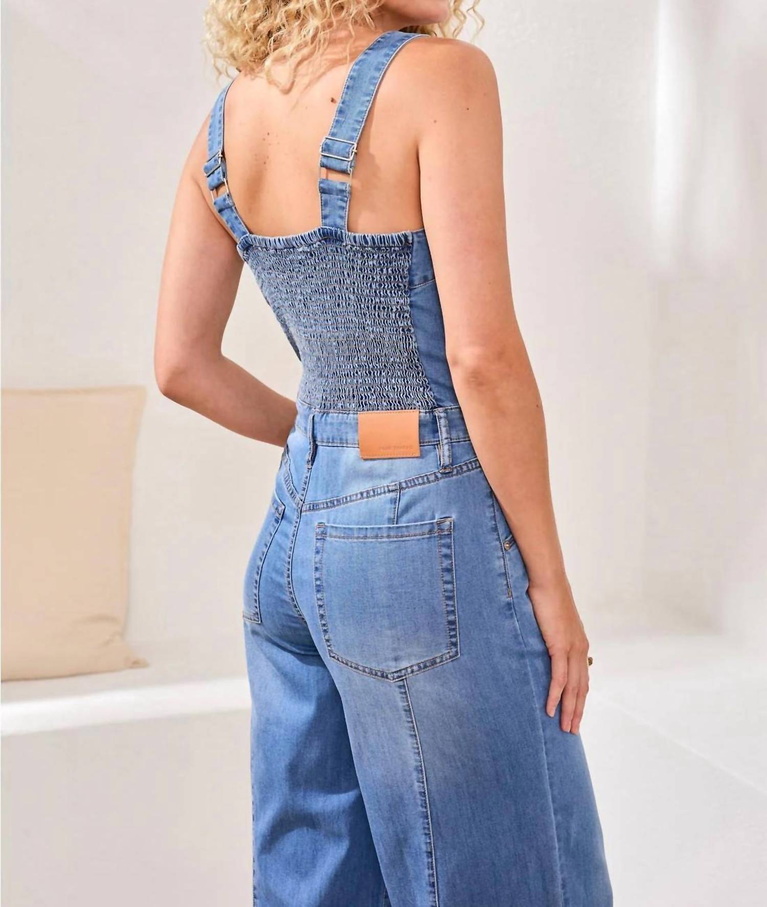 TRIBAL Tencel Wide Leg Jumpsuit With Shirred Elastic Back in blue - women's pants - alternate view