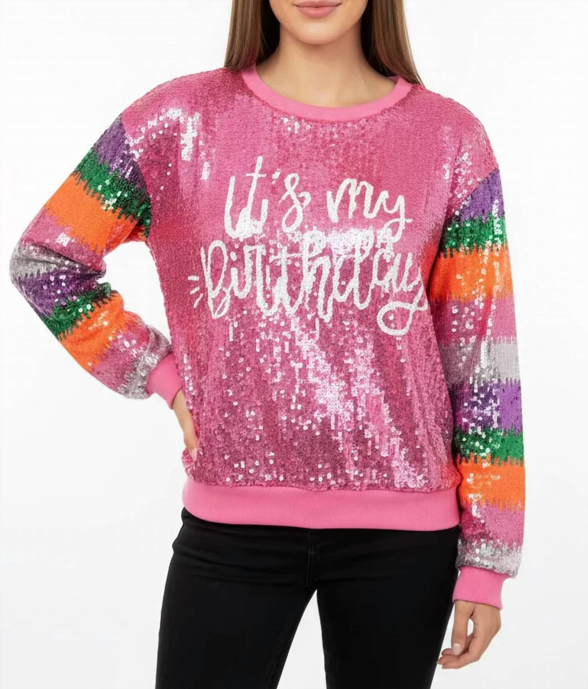 Why Dress - It's My Birthday Striped Long Sleeve Sequin Top