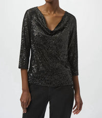 Joseph Ribkoff Sequined Cowl Neck 3/4 Sleeves Straight Top in black - women's blouse