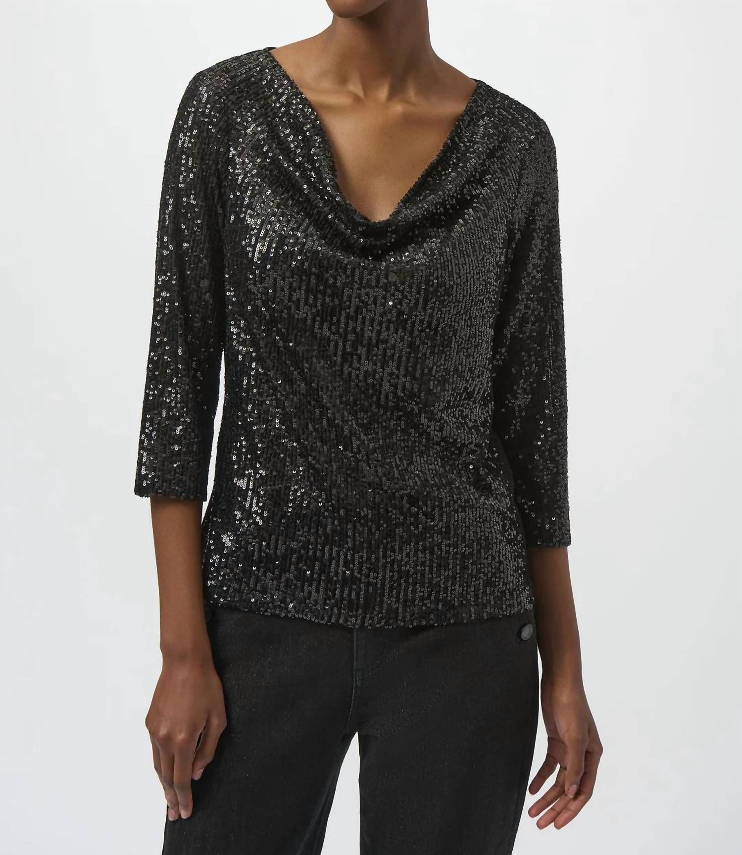 Joseph Ribkoff Sequined Cowl Neck 3/4 Sleeves Straight Top in black - women's blouse