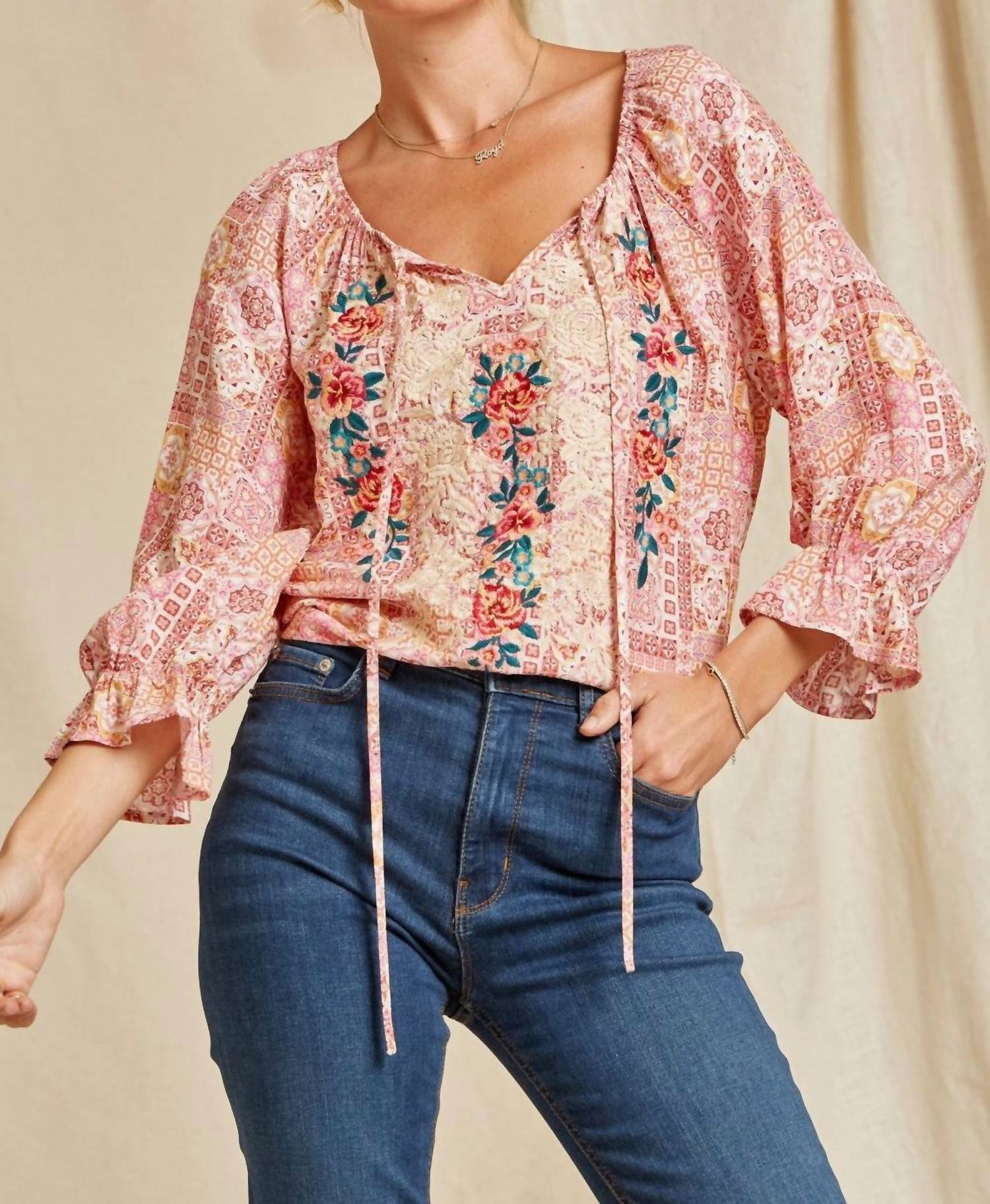 Andree By Unit - Aztec Embroidered Peasant Top