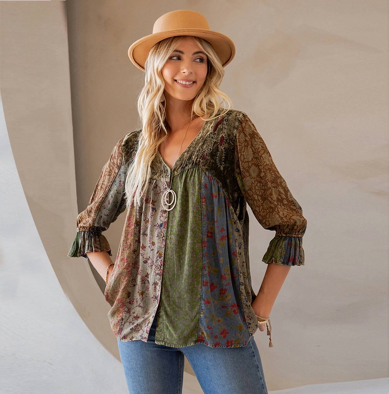 Young Threads - Vintage Bohemian Patchwork Velvet Top