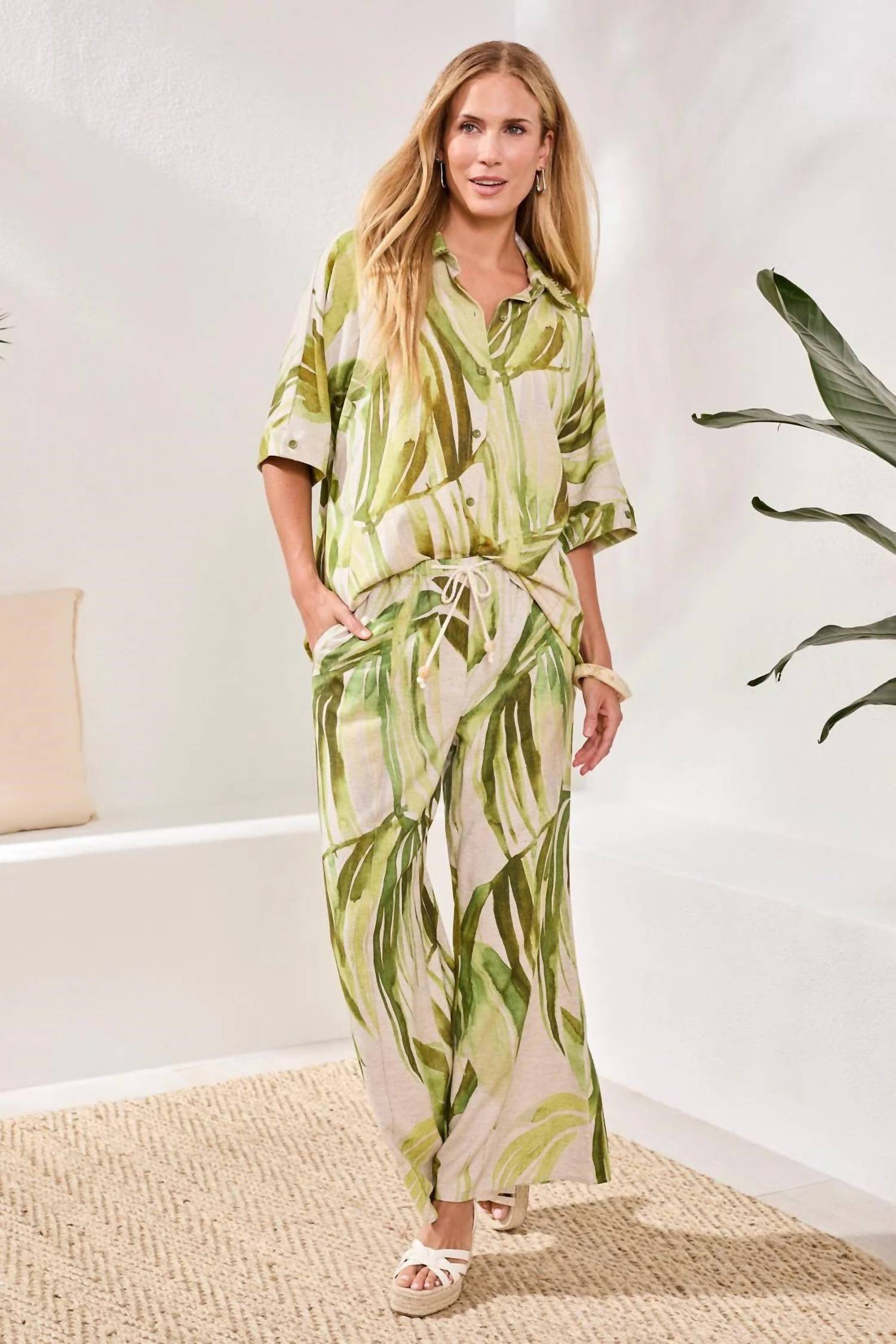 Tribal - Flowy Linen Flare Pants With Drawcord Waist