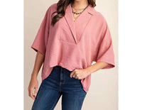 Style USA V-neck Collared Pop Over Top in dusty pink - women's blouse