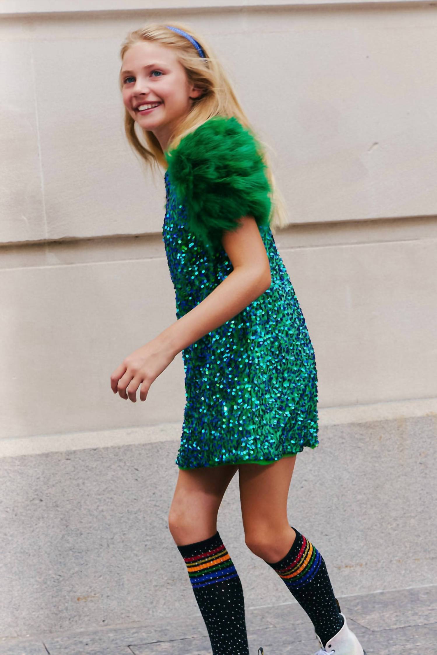 Lola + The Boys Feather Party Dress in jade - kids' dress - alternate view