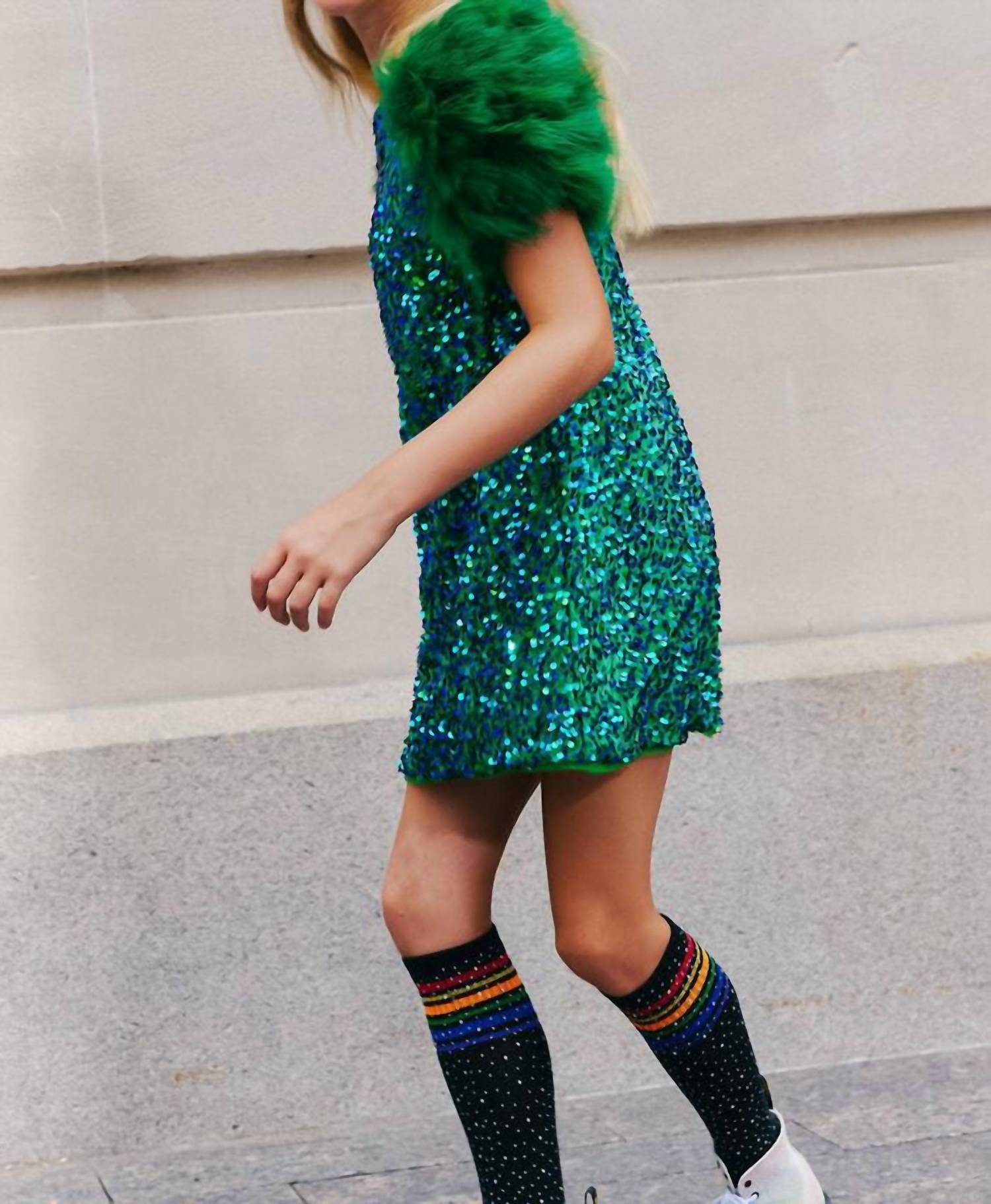 Lola + The Boys Feather Party Dress in jade - kids' dress - detail view