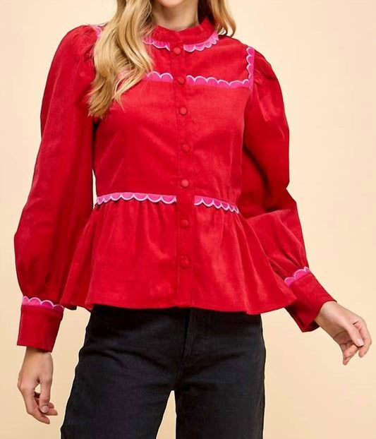 Tcec - Corduroy Scallop Detail Button Up Top