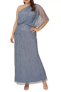 Adrianna Papell - Sequin One Shoulder Illusion Sleeve Blouson Gown - Plus
