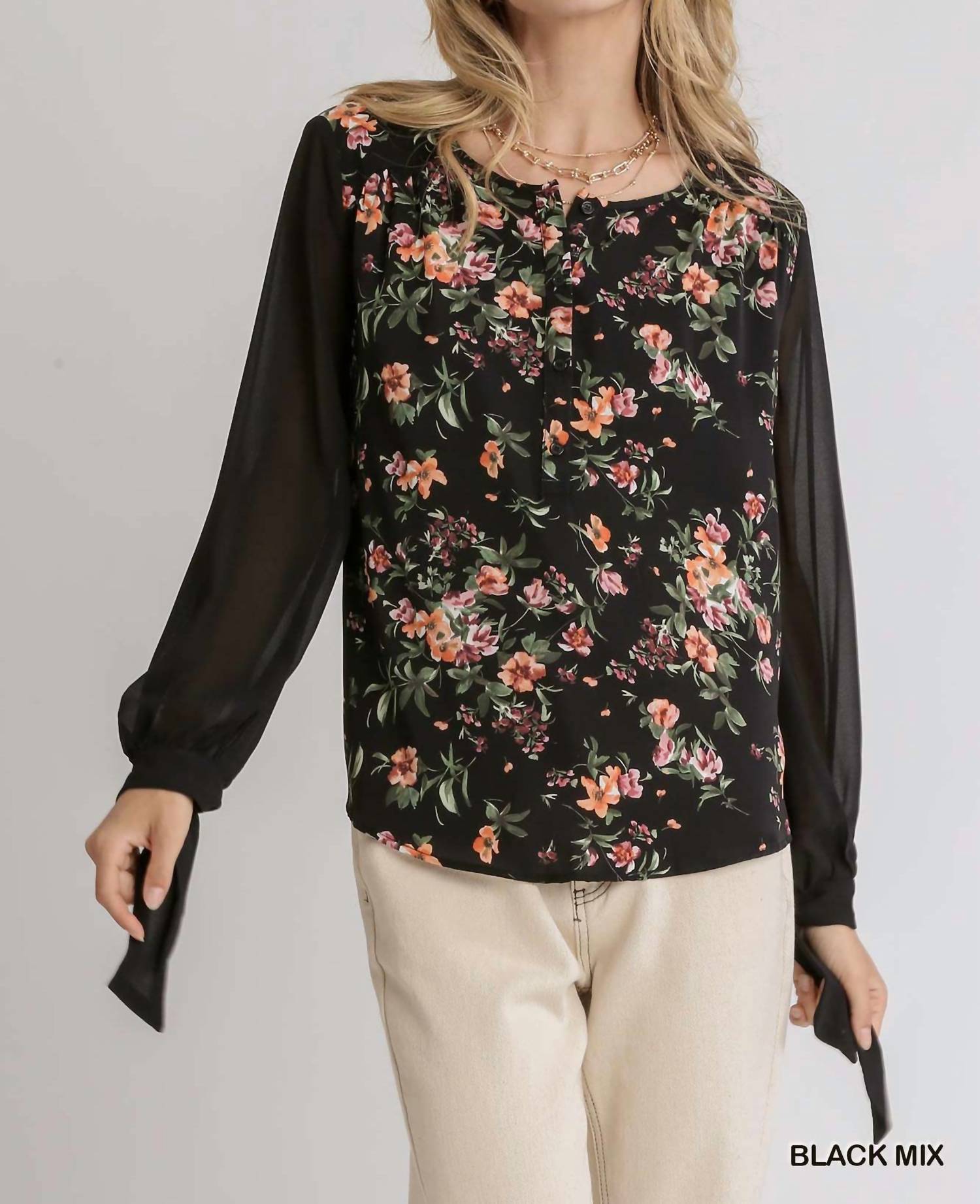 Umgee - Mixed Floral Print Half-button Front Top