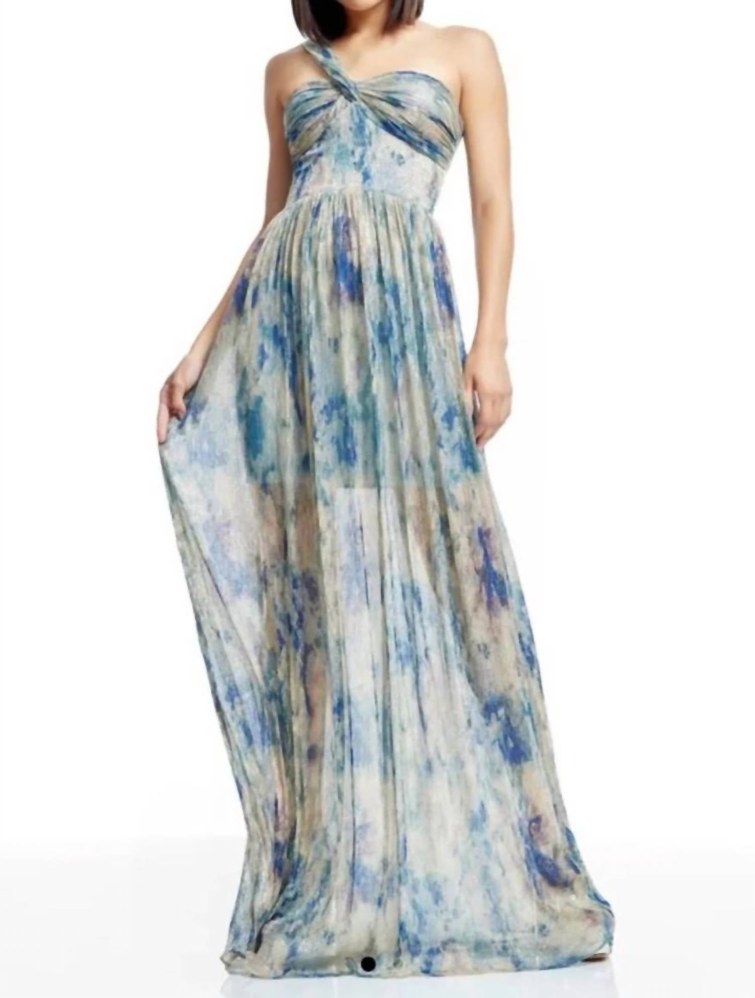 Dress The Population - Idalia Metallic Abstract Floral Print One-shoulder Gown