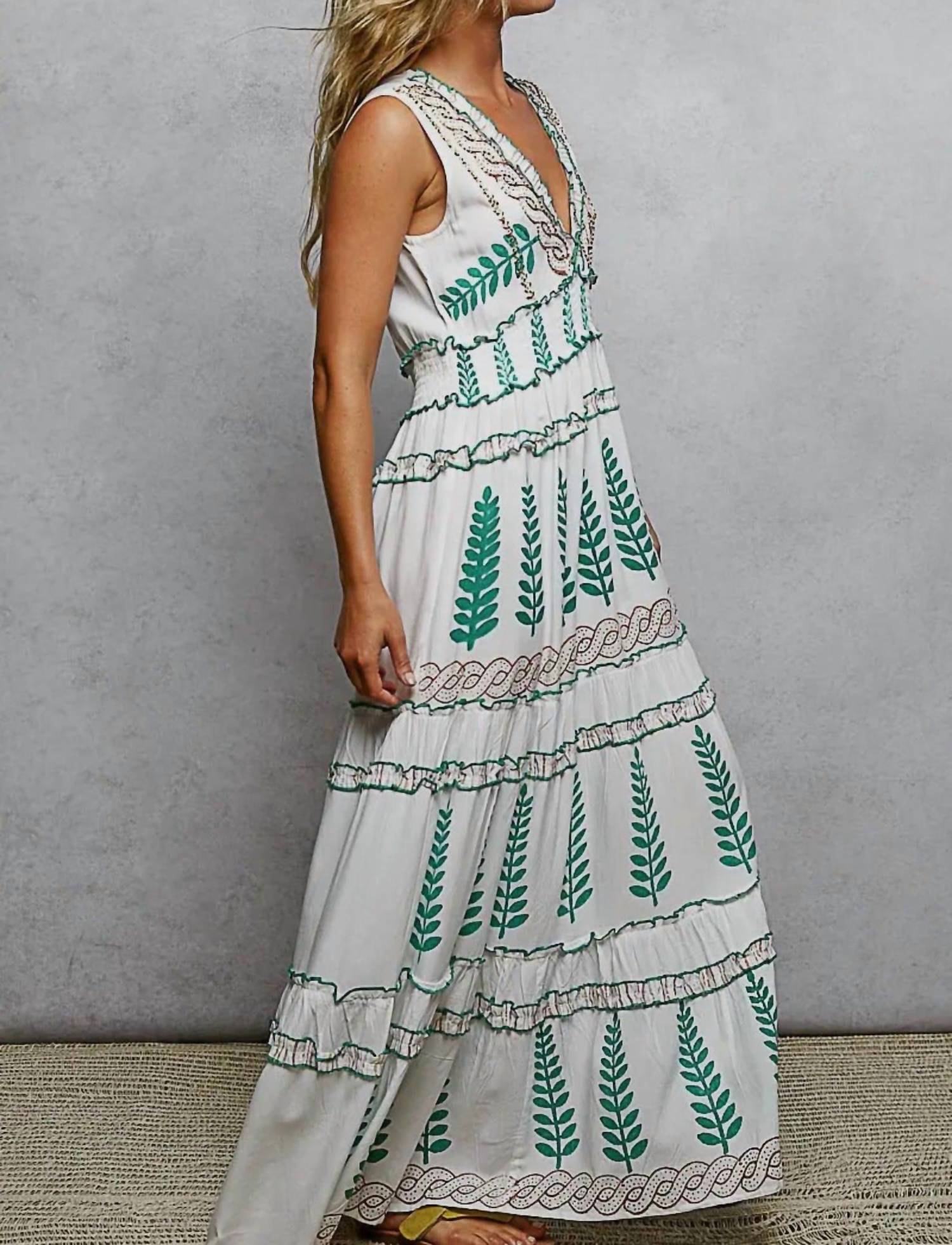 Pol - V Neck Ruffle Woven Sleeveless Long Dress