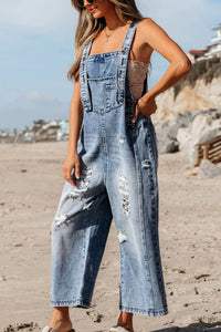 1 the Woman Distressed Pocketed Wide Leg Capri Denim Overall in stone blue - women's pants - view 4