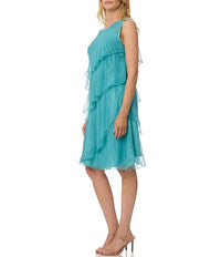 Komarov - Chiffon Charmeuse Round Neck Sleeveless Pleated Asymmetrical Ruffle Tiered Dress