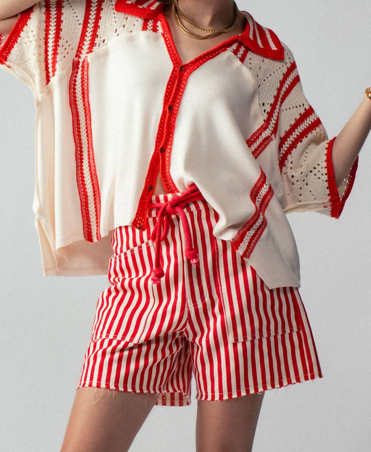 Urban Daizy Isla Crochet Knit Shirt in cream red - women's shirt