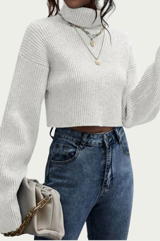 RIBBED-KNIT CROPPED TURTLENECK SWEATER