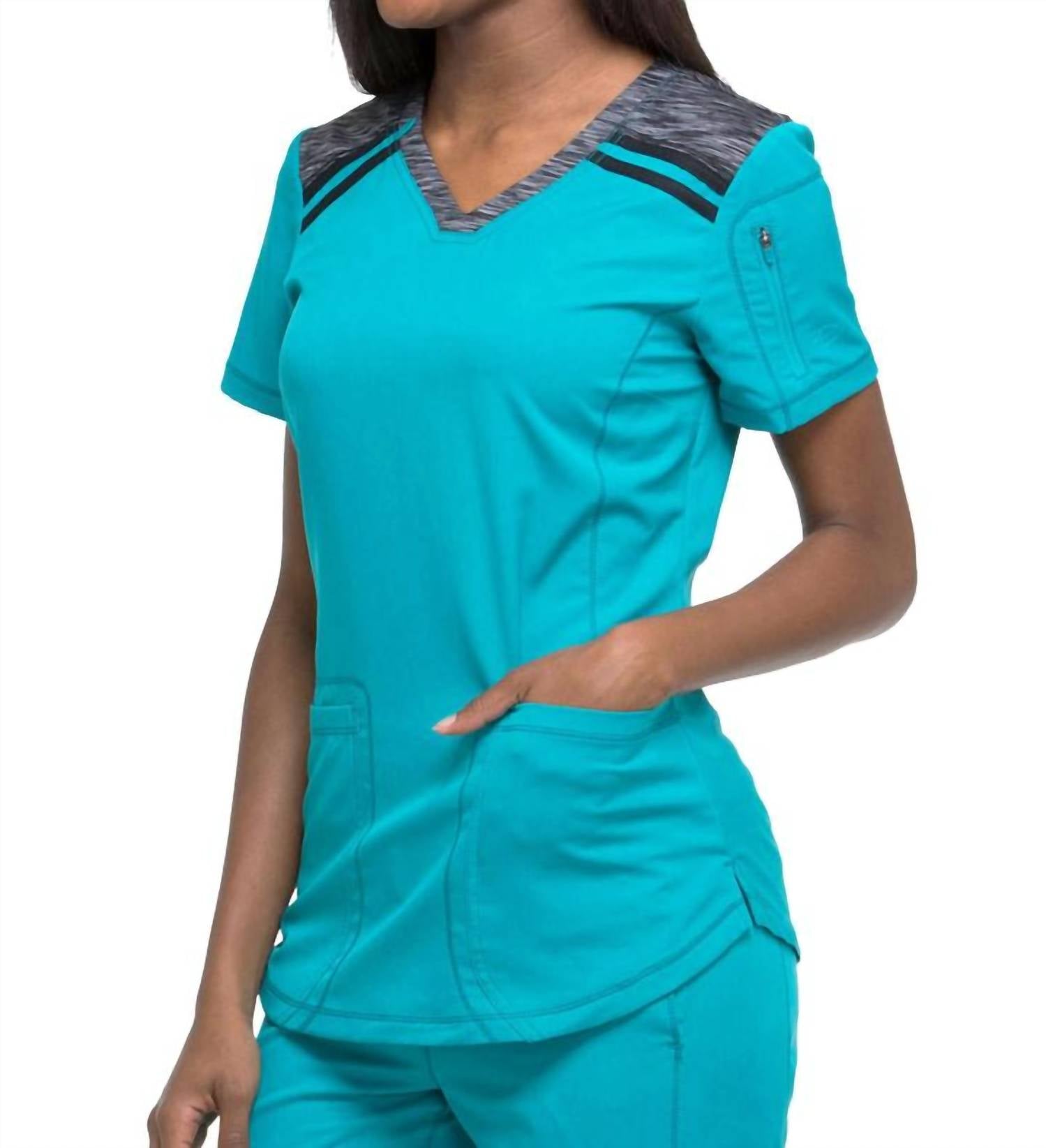 Dickies Colorblock Scrub Top in teal - women's t-shirt - detail view