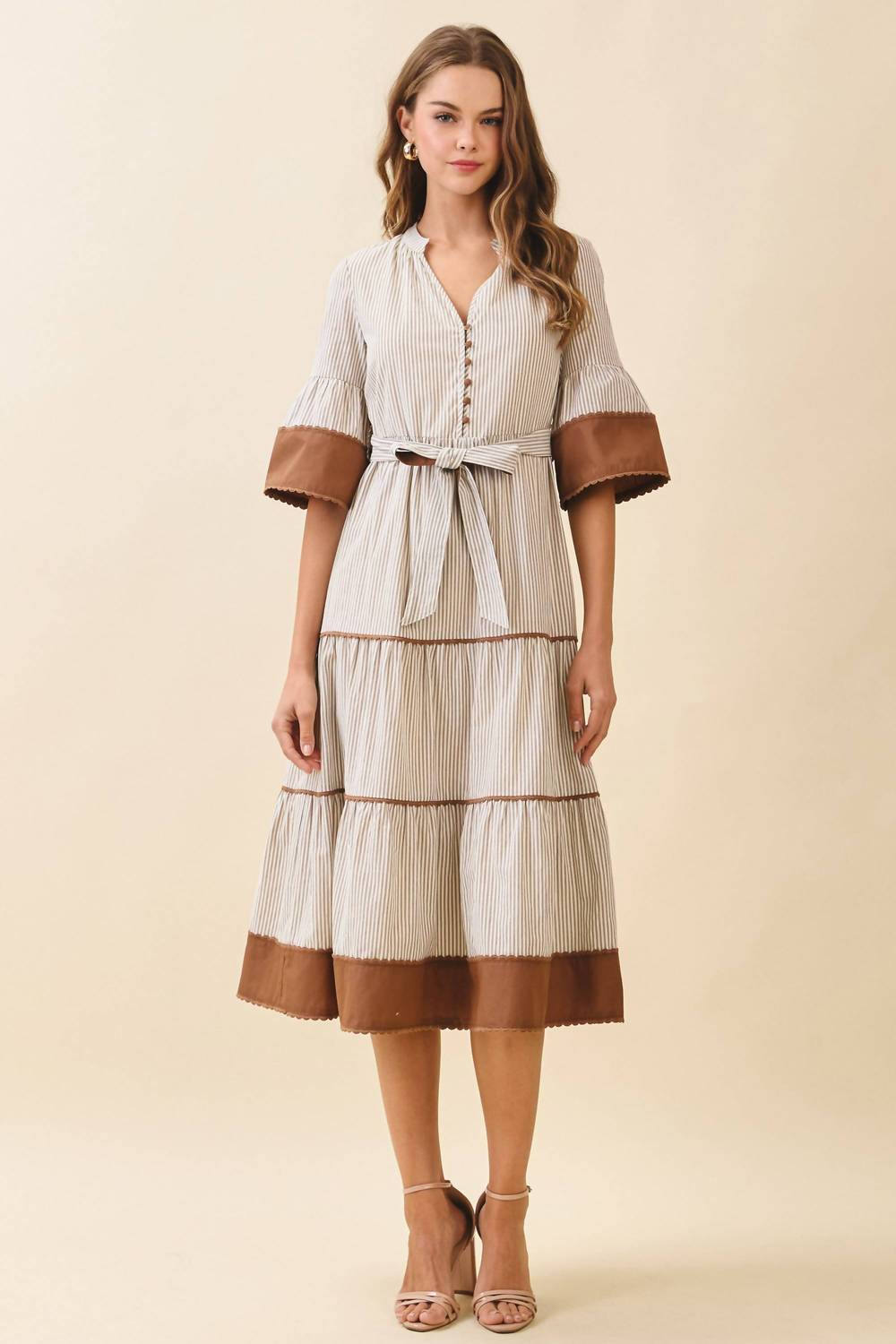 Tcec - Striped Split Neck Contrast Trim Detail Midi Dress