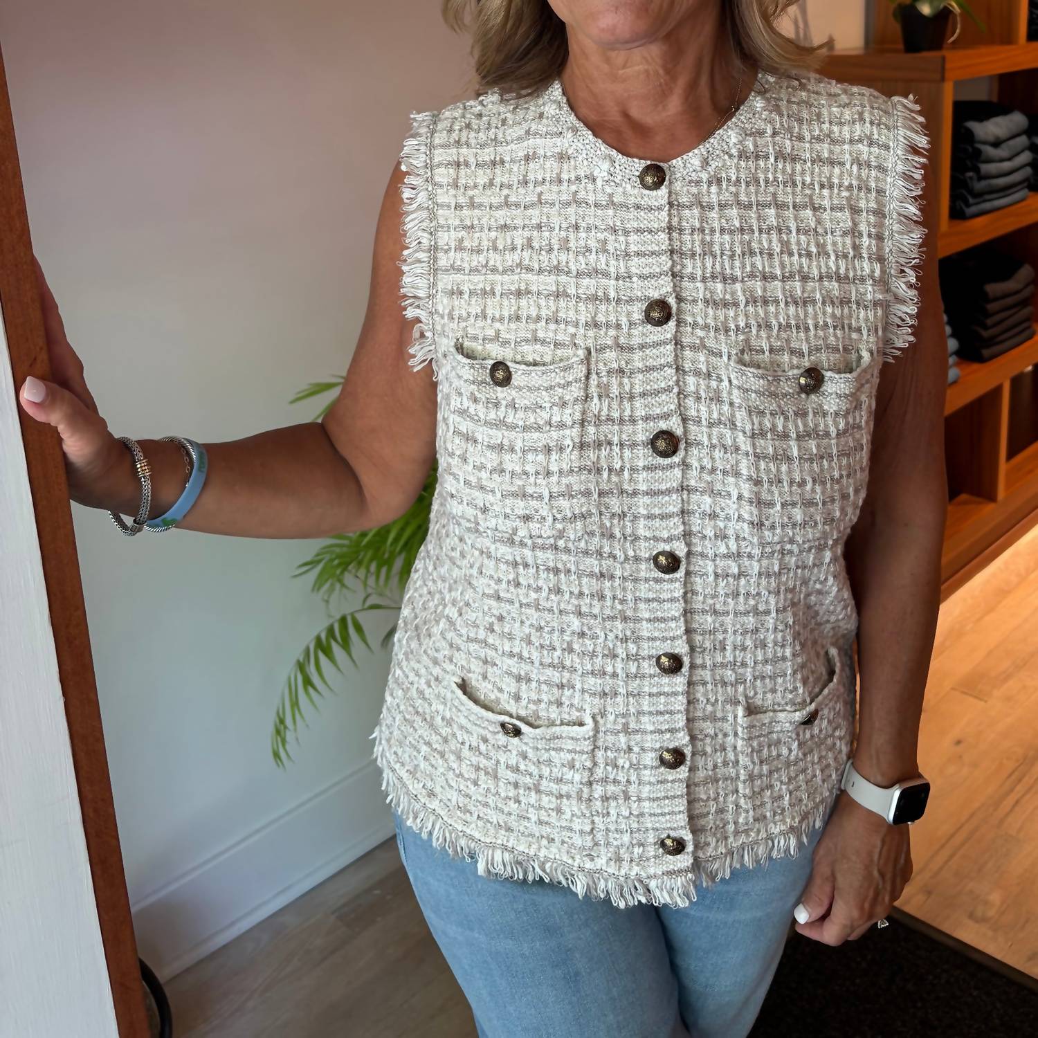 Autumn Cashmere Long Tweed With Fringe Vest in natural combo - women's jacket