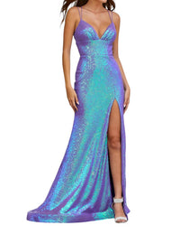 Amarra - Deep Neckline Iridescent Shiny Gown