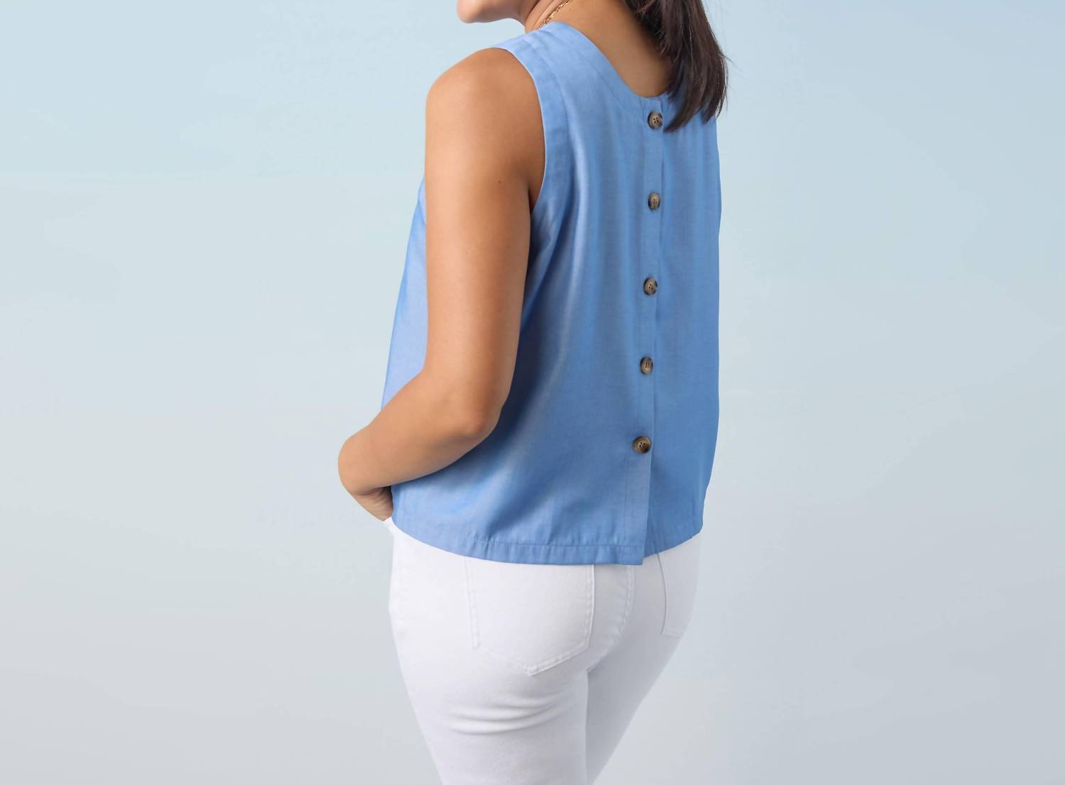 COCO + CARMEN Carey Tank with Back Button Detail in light denim - women's tank top - alternate view