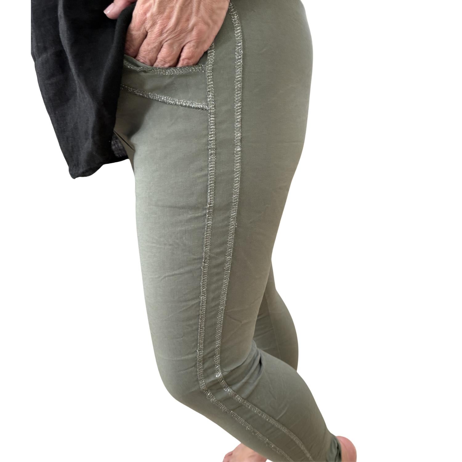 Made in Italy Italian Magic Pants With A Subtle Chic Side Panel in italy italian magic pants with a subtle chic side panel in olive green - women's pants - detail view