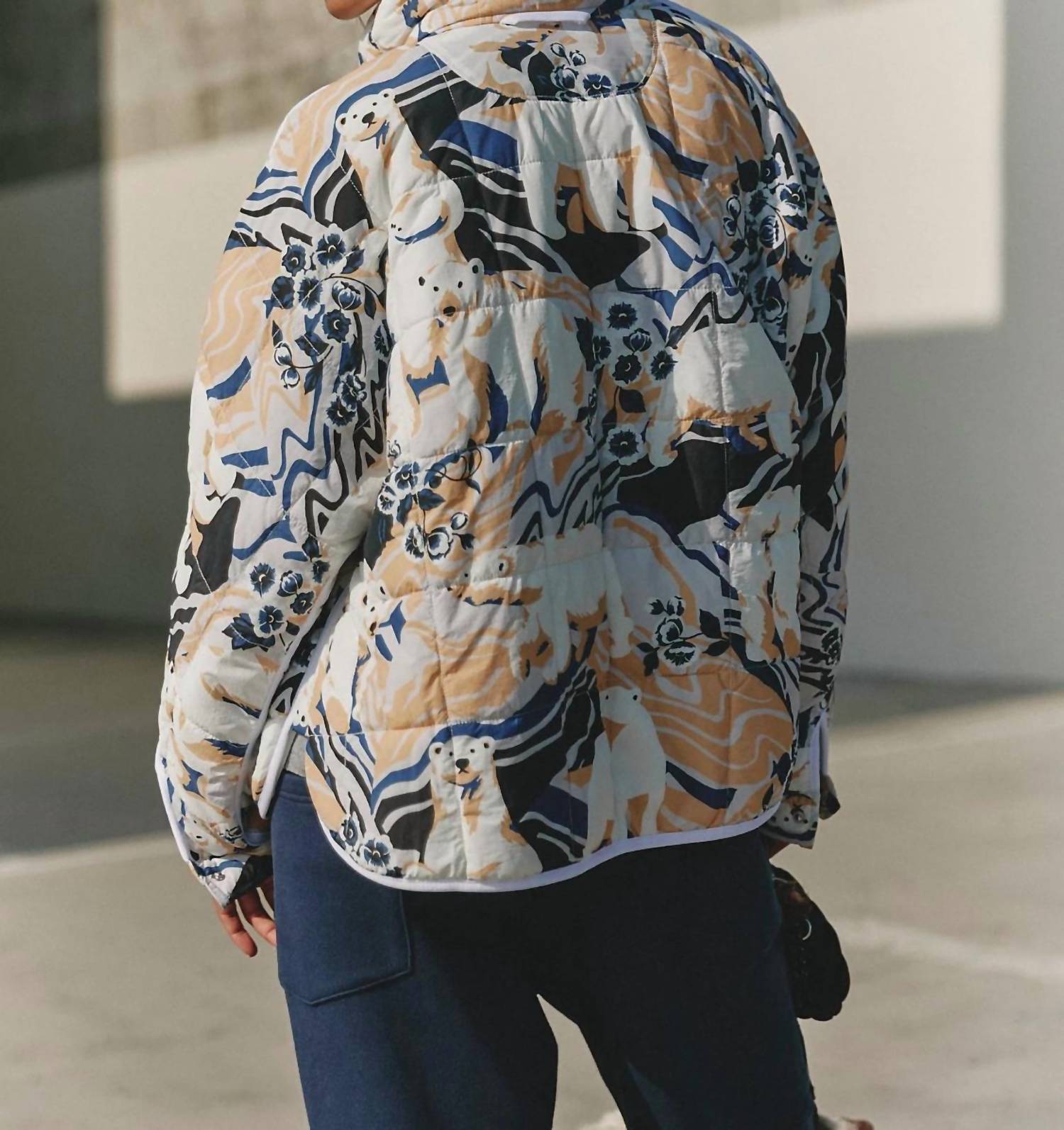 Free People Pippa Polar Bear Graphic Puffer Jacket in white blue - women's jacket - detail view