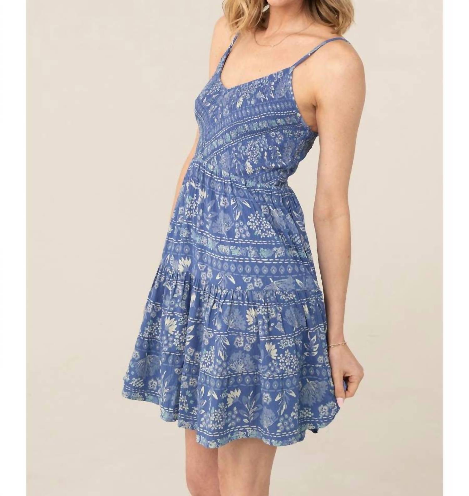 ANGIE V Neck Smocked Bodice Printed Dress in blue - women's dress - detail view