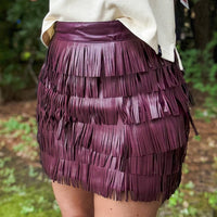 VERY J Vegan Leather Fringe Mini Skirt in wine - women's skirt - detail view