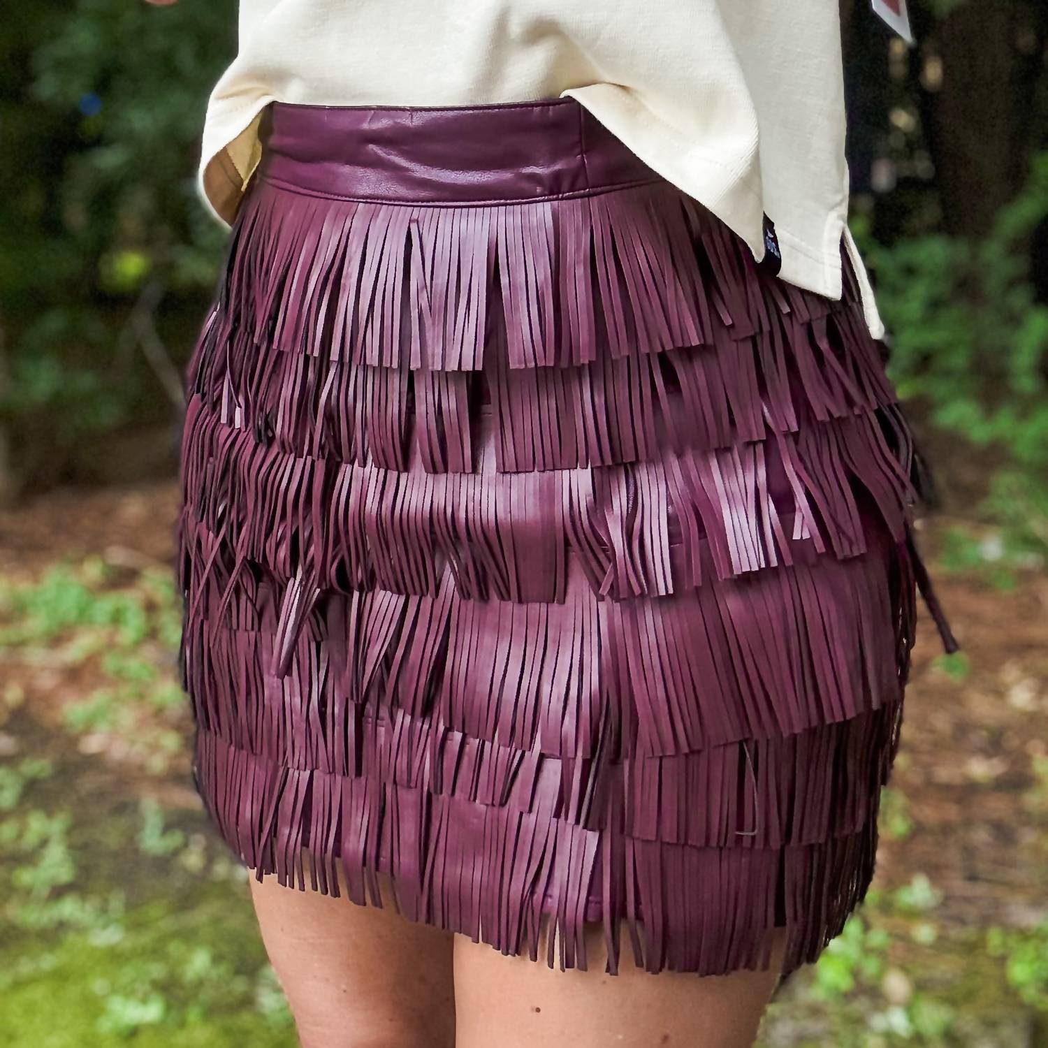 VERY J Vegan Leather Fringe Mini Skirt in wine - women's skirt - detail view