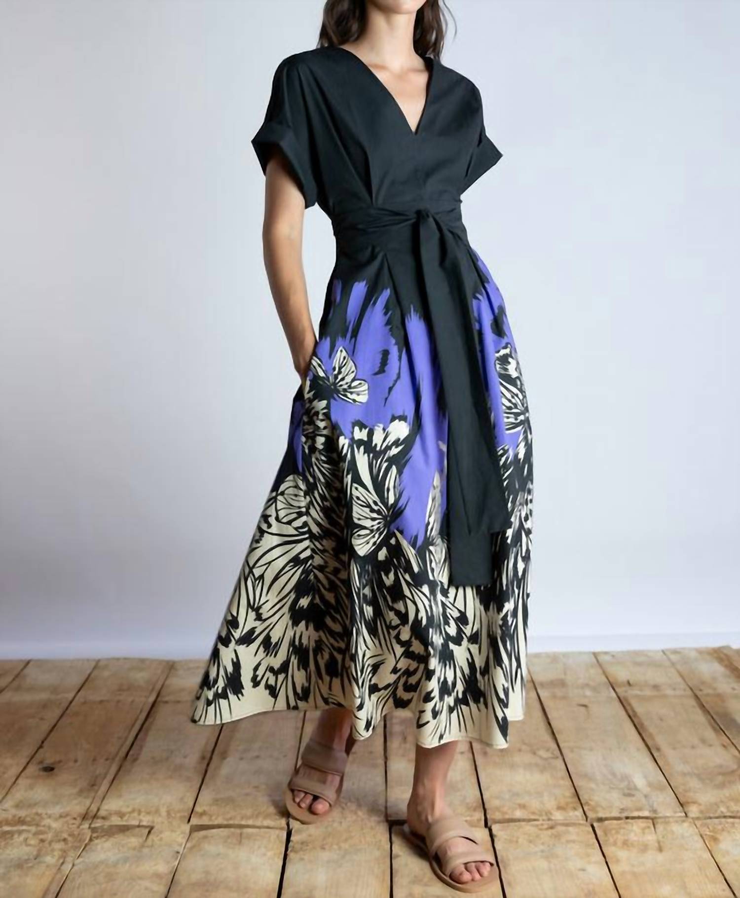 Psophia - Midnight Butterfly Contrast Cotton Sleeve Dress